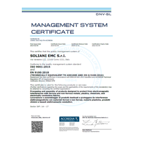 CERTIFICAZIONE EN9100:2018 SOLIANI EMC